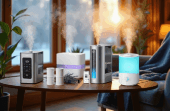 Various humidifiers emitting steam indoors.